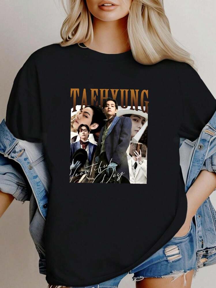 180g pure Cotton Vintage Taehyung T Shirt Vante V Kpop Korean Style Rapper Top For Everyday Wear Summer Breathable Casual Stretched Unisex Versatile Soft homme Slightly fashion Stylish graphic Print Round Neck Short Sleeve Comfortable streetwear For Women designer clothes - Negro - Añade 1