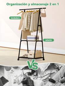 Organizador de ropa con ruedas tipo burro perchero, estante metálico multifuncional para colgar ropa, sombreros y guardar zapatos, ideal para recámara, sala, entrada o balcón - Negro - Ver 5