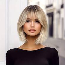 Peruka syntetyczna, krótka, prosta, 30,48 cm, z grzywką, w stylu bob w kolorze złotym – żywy kolor, lekka i modna, odpowiednia do cosplayu, codziennego noszenia i na imprezy - Ombre blond - Zobacz 4