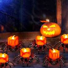 万圣节 LED 南瓜和蜘蛛蜡烛套装，恐怖蜘蛛夜灯装饰，无焰闪光茶灯，适用于鬼屋、派对、酒吧、门口、桌面恐怖装饰、环境照明、万圣节、复活节、感恩节装饰、家居装饰、派对氛围和节日招聘万圣节装饰灯家居装饰派对装饰万圣节装饰房间装饰万圣节花园装饰礼物仙女