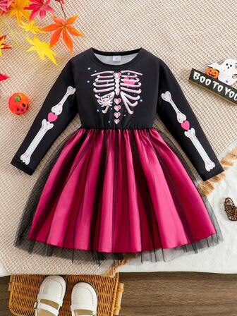 1pc Girls Casual Bone, Spider, Heart Patchwork Soft Knit & Mesh Long Sleeve Dress, Suitable For Outdoor Wear, Autumn/Winter