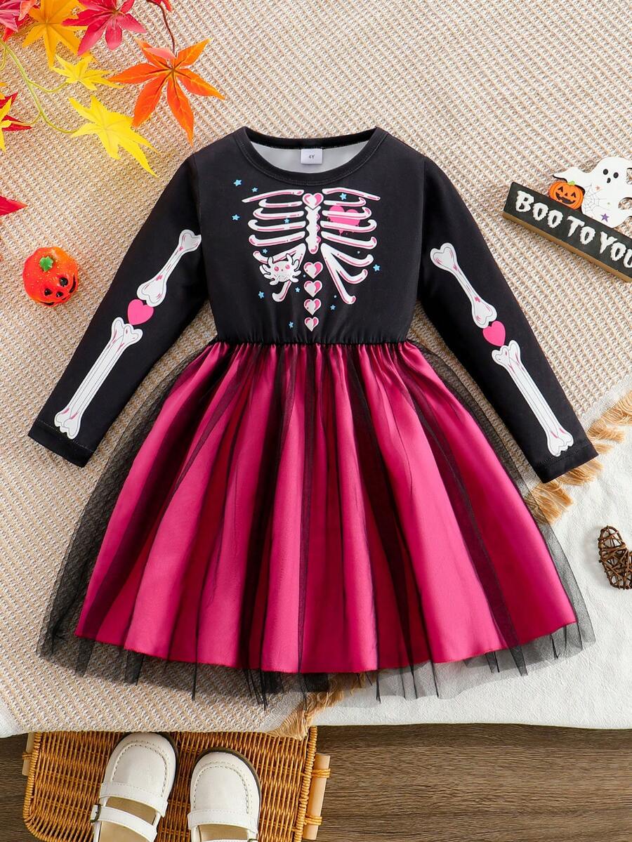 1pc Girls Casual Bone, Spider, Heart Patchwork Soft Knit & Mesh Long Sleeve Dress, Suitable For Outdoor Wear, Autumn/Winter - Multicolor - View 1