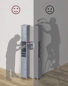 Colonne Salle de Bain Haute, Meuble Salle de Bain Etroit, avec Étagères Réglables, Tiroir, Compartiments Ouverts, pour Les Petits Espaces, Moderne, Gris Tourterelle - Gris - Voir 7