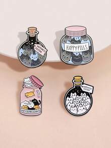 4个猫咪许愿瓶徽章，治愈药丸图案“抗抑郁药”+“快乐药丸”，心理咨询工具/猫爱好者减压 - 彩色 - 查看 1