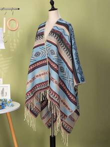 1 Pieza de Chal Retro con Flecos de Jacquard para Calentar y Proteger del Sol, Cárdigan Grueso Oversize, Chal de Viaje Retro, Chaqueta Vaquera a Prueba de Viento