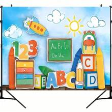 1pc Back-To-School Photography Background Banner, Blue Sky, White Clouds, ABC Letters, Colorful Crayon Design, Suitable For Parties, Classroom Decoration, Party Photography Background, Party Decorations, Universal Theme