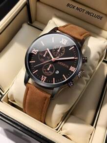 Herren Uhr mit Datumsanzeige, stilvolles rundes Zifferblatt, Quarzuhr mit Kunstlederarmband, geeignet für Party, Urlaub, Geburtstag oder als Geschenk für Bruder, perfektes Geschenk für Vater am Vatertag (ohne Verpackung)