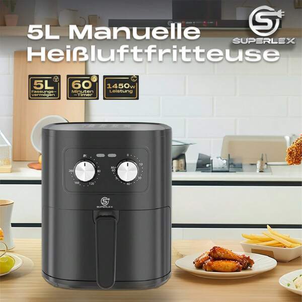 SUPERLEX 5L Heißluftfritteuse, Backofen mit 8 Voreinstellungen, Temperaturregelung von 80–200 °C, 60 Minuten Timer, automatische Abschaltung, gesundes Kochen ohne Öl und mit wenig Fett, 1450 W