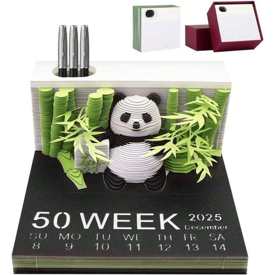 Senchinner 3D Kalender 2025 Panda, 3D Abreißkalender, Kreativer Panda Tischkalender 2025, Abreißbarer 3D Notizblock mit Panda Skulptur, 1 Stück, Perfekt für Alle - Weiss - Übersicht 1