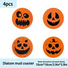 1set/4pcs/6pcs Halloween Pumpkin Ghost Face Patterned Diatom Mud Coasters, Coffee Coasters, Home And Restaurant Multi-Occasion Decorations, Daily Gifts, Table Decorations, Daily Decorations, Theme Party Decorations