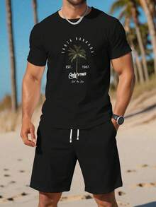 Set di maglietta a maniche corte con stampa di lettere e pantaloncini da uomo per l'estate, moda casual per spiaggia, vacanza, pesca, basket, campeggio, palestra e attività all'aperto, con tasche e pantaloni con vita elastica e laccio, set da 2 pezzi, regalo per fidanzato/marito