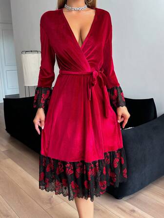 New Velvet Contrast Trim Sexy Robe, V-Neck Loose Solid Color Ladies Sleepwear Loungewear