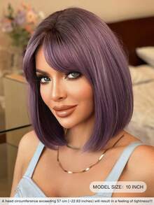 NICKY WALL Ombre Short Ash Purple Wigs For Women 10 Inch Straight Bob Wig With Side Bangs Fashion High Density Wig Synthetic Heat Resistant Fiber Soft Locs Wig For Girls Daily Party Use - Purple - View 2
