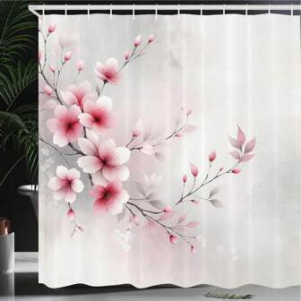 1 pieza Cortina de ducha rosa, con estampado de floración de cerezo Sakura en un paisaje soñador, decoración de baño con vibras japonesas