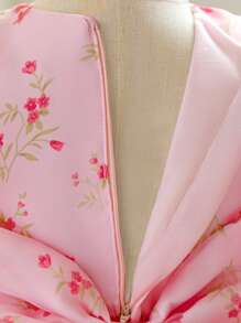 Baby Girls V-Neck Floral Organza Princess Dress, Suitable For 1st Birthday Party, Random Floral Fabric Cut