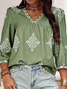 Women's Casual V Neck Geometric Print Chiffon Blouses 3/4 Sleeve Vintage Summer Tops Shirts - 綠色 - 查看 3