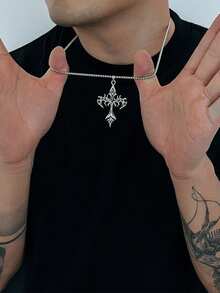 1pc Punk Style Long Flame Cross Pendant Stainless Steel Necklace For Men, Suitable For Daily, Date, Party, Travel Wear, Great Gift For Couples And Friends