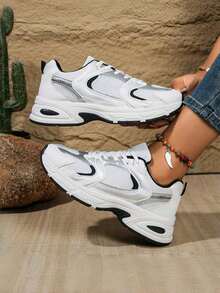 Giày thể thao thường ngày cỡ lớn mọi mùa, giày đế xuồng đế dày, giày thể thao chunky, da và lưới vá, thoáng khí, đa năng, giày cặp đôi thời trang, giày chạy bộ thể thao ngoài trời - màu đen - Xem 5