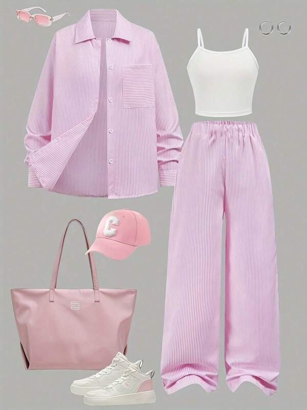 Conjunto de 3 piezas de ropa de moda para adolescentes con camisa y pantalones a rayas, ropa de vuelta al colegio