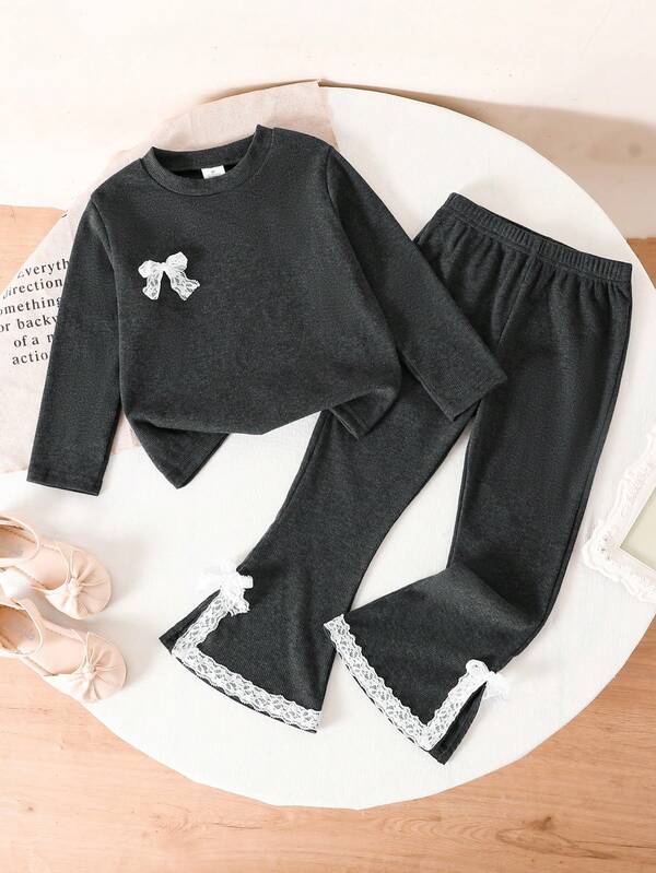 2 pièces Tenue de printemps/automne pour filles 4-8 ans, comprenant un Top en tricot à manches longues de couleur unie avec décoration de nœud et un pantalon à jambes évasées avec taille élastique, tenue douce et confortable pour les sorties des filles, vêtements de fille élégants et