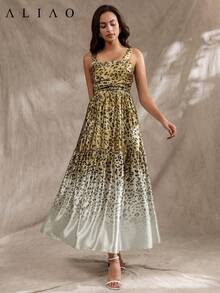 Aliao 高端缎面豹纹印花褶皱吊带连衣裙，复古贵族风，宫廷风，晚宴、情人节、舞会、节日、新年等场合的理想之选 - 彩色 - 查看 3