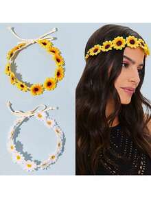 2 piezas Corona de flores de girasol y margarita, diadema de corona floral bohemia, accesorios para el cabello de novia hippie, adecuado para fiesta hawaiana, playa, sesión de fotos, fiesta y decoración de festival
