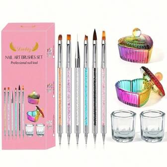 10Pcs Acrylic Nail Art Brush Set, 4Pcs Nail Art Crystal Dappen Dish With 6Pcs Acrylic Nail Brush Set, Mini Crystal Nail Cup With Lid Acrylic UV Gel Nail Brush