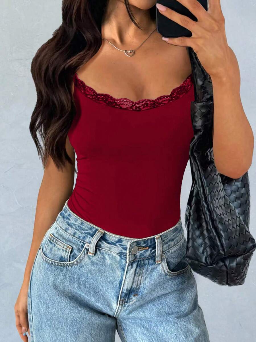 女士蕾丝拼布简约休闲紧身衣 黑色 适合春夏季