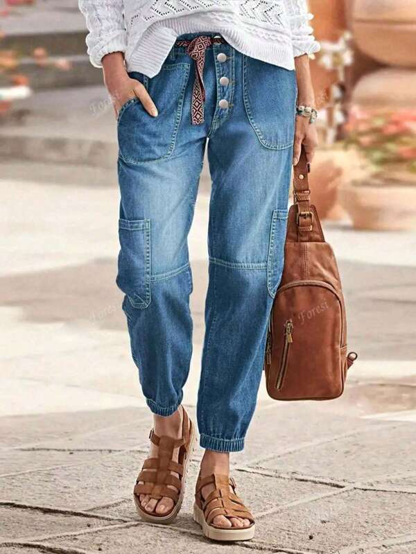 European Fashion New Casual Street Style Women Elastic Denim Cargo Jogger Pants, Everyday Wear