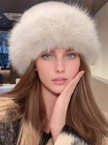 1pc Elegant Solid Color Polyester Faux Fur Patchwork Warm Windproof New Plush Faux Fox Fur Bucket Hat, Thick Ear Protection Bucket Hat For Autumn/Winter