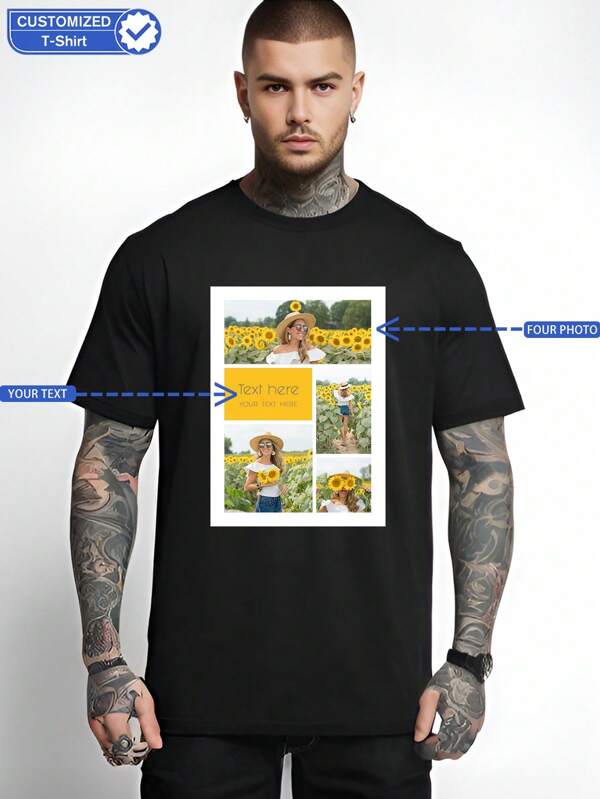 Camiseta de manga corta personalizada y cómoda para hombres. Agrega tu propia foto y tu texto/logotipo para parejas, familia, mascotas, regalos, para esposo o novio. (Esposa/Familia/Amigo/Fiesta/Equipo/Novia/Ropa de trabajo/Mascota/Pareja a juego/Regalos/Regalos de aniversario/Regalo de cumpleaños/Regalo de boda)