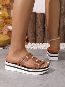 Nouvelles sandales plates mode femme, sandales plates bohèmes en PU à motif géométrique avec rivets décoratifs, tenue de plage pour l'été et l'automne - Tabac - Voir 6