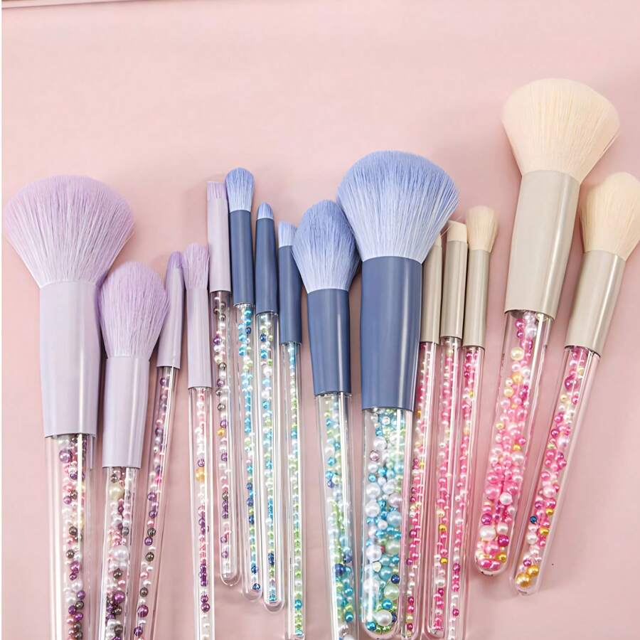 طقم فرش مكياج جديد لموسم العودة إلى المدرسة - 5 قطع، مقبض لؤلؤي ملون، شعيرات ناعمة، يشمل فرشاة البودرة وفرشاة ظلال العيون وفرشاة البرايتنر وفرشاة الكونسيلر، طقم مكياج كامل