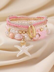 7pcs/4pcs Ocean Inspired Faux Pearl Resin Starfish & Shell Beaded Layered Bracelets Set, Boho For Women, Beach, Vacation, Casual Wear, Holiday Gift - White - View 14