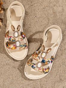 1 par de sandalias planas de moda para niños, sandalias de estilo bohemio, sandalias de tejido a mano coloridas con decoración de diamantes brillantes, adecuadas para la escuela, vacaciones y uso en la playa - Beis - Ver 2