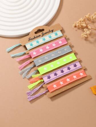 6 pièces Bracelets de style bohème mode, en tricot étoilé brodé + tressé fait main. Convient comme cadeau pour la famille, les amis, les étudiants, les festivals. Peut être porté pour les fêtes, les voyages, le quotidien, la plage