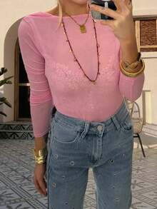 Women's Backless Tops Stylish Solid Boat Neck Long Sleeve Blouse For All Seasons - Pink - View 3