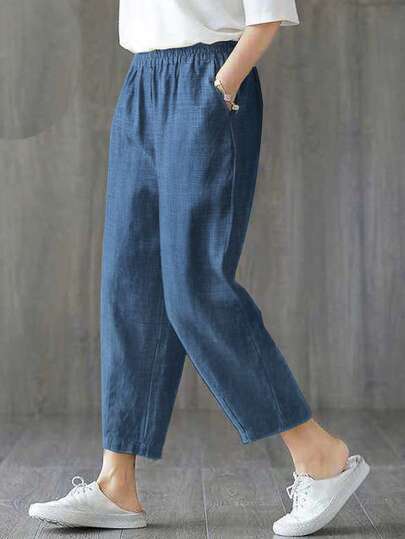 1ชิ้น กางเกงขายาวผู้หญิง 3/4 ส่วน ผ้าทอลายสีพื้น มีกระเป๋าหูรูด เหมาะสำหรับใส่ไปเดท, วันหยุด, ชีวิตประจำวัน, งานเลี้ยงวันเกิด, ปาร์ตี้คนโสด, ฤดูร้อน, น้ำหนักเบา, สีเอฟเฟกต์ผ้ายีนส์