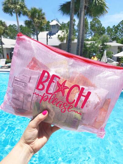 A4-storlek Modern vattentät PVC-strandväska med "Please Beach"-tryck, transparent sminkpåse, nylondragkedja, perfekt för simning, dykning och sommarsemester - lätt, lämplig för alla åldrar, strandväska, resetillbehör, semesternödvändigt, semesterreseväska, skolväska, skolmaterial, necessär, vattentät necessär