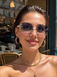1pc Women Pink Geometric Ombre Lens Rimless Metal Chain Elegant Delicate Popular Design Fashion Eyeglasses For Street Snap Banquet Wedding Vacation Outfits Going Out Outfit Fashion Accessories For Summer Beach Vacation,Outdoor,Travel