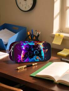 Kids Pencil Case With Soccer Ball Print, 3 - Layer Large Capacity, Cute Handle For Back To School, Multi-Slot Boys Mark Pouch With Zipper Compartments For Office School - Pencil Case - View 6