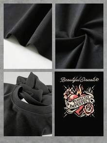 Camiseta 100% algodón de 220g con diseño de corazón estilo tatuaje "Beautiful Disaster", impresión a doble cara, adecuada para eventos con temática de rock - Negro - Ver 4