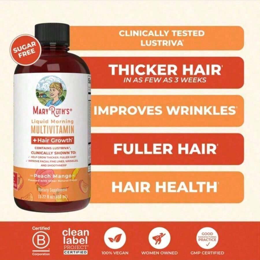 MaryRuth's Lustriva Formula – Vegan Liquid Multivitamin For Thicker Hair, Fewer Wrinkles & Radiant Skin |   Peach Mango |   15.22 Fl Oz - 1 Pc - 查看 1