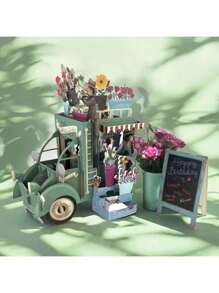 Carte d'anniversaire pop-up 3D avec voiture verte rétro et fleurs colorées - Carte de vœux pour anniversaires, anniversaires, félicitations - Design de dessin animé ludique, cadeau idéal et décoration de fête, carte-cadeau Carte pop-up florale Illustration charmante, décorations d'anniversaire, pour les fournitures scolaires, rentrée des classes