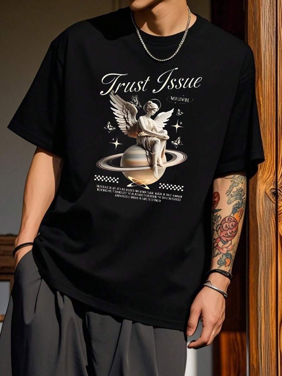 100% Cotton Unisex T-Shirt Short Sleeve Summer Vest 200g Cotton Comfortable Breathable Funny T-Shirt Men's Stylish And Casual Print Fashion Casual Outdoor Sports Fitness Tops Holiday Gift - 黑色 - 查看 1