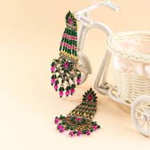 FANYINAN 1 对复古东南亚风格锌合金粘性水钻绿色串珠小吊坠米珠流苏女士耳环适合日常派对音乐节节日佩戴