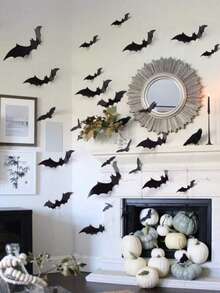 120pcs/72pcs Halloween Wall Bats Decor, Black Fake Plastic Bat Stickers, Suitable For DIY Halloween Room Decoration, 4 Different Sizes Waterproof 3D Realistic Bats, Applicable For Home Window Halloween Party Decoration