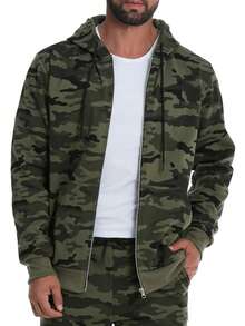 Herren Camouflage Reißverschluss Kapuzenpullover, weiches Mischgewebe, warme Thermofütterung, Tasche, Outdoor Sport, Herbst/Winter, Langarm Oberteil - Armeegrün - Übersicht 6