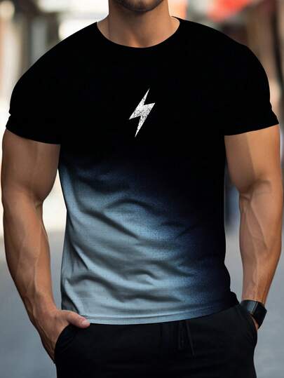 男士透气休闲短袖圆领 T 恤，渐变图案，涤纶混纺，可机洗，适合夏季运动休闲上衣健身健身服男士 T 恤