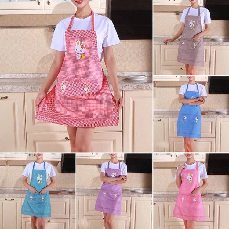 Plaid Rabbit Apron - Brown Cartoon Pattern Kitchen Apron, Lightweight Breathable Absorbent, With Practical Pockets, Suitable For Baking, Grilling, Cleaning, Adjustable Neck & Waist Straps - Thoughtful Gift For Mom/Girlfriend, Mother's Day Gift, Kitchen Accessory, Affordable Apron, Suitable For National Day, Parties, Gatherings, Bars, Restaurants, Hotels, Halloween, Etc. - Multicolor - View 3